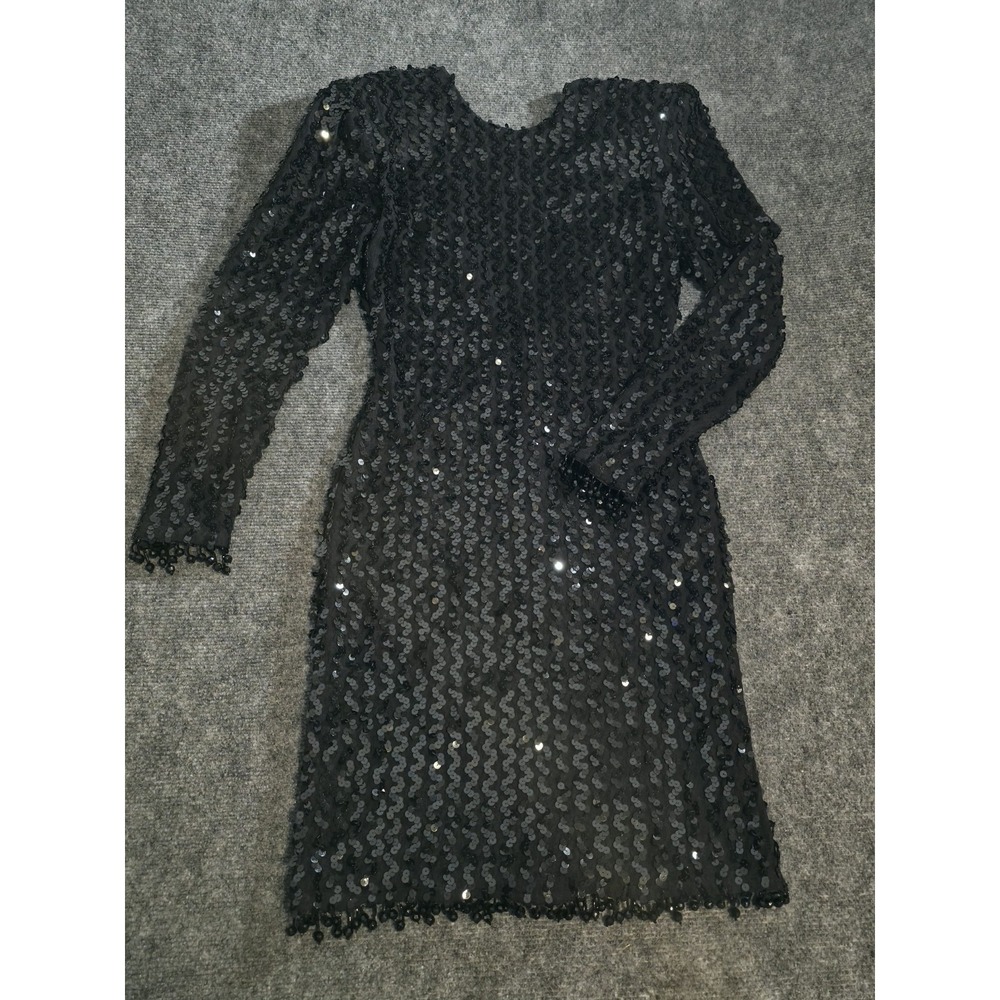 Vintage 80s Climax Karen Okada Black Sequin Backless Mini Dress Size 7/8 - Picture 2 of 7